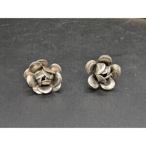 Vintage Sterling Silver 3D Rose Flower Screw Back Earrings Floral